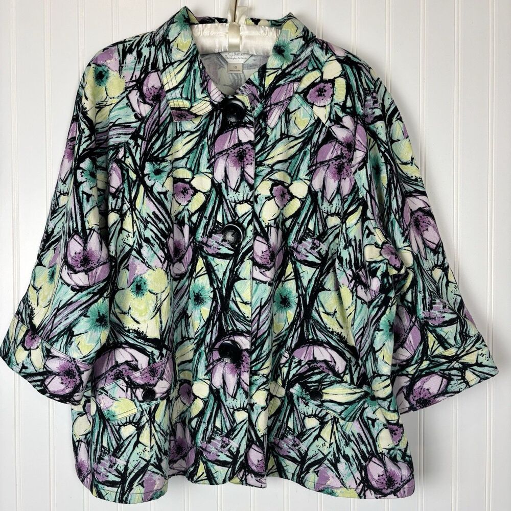 CJ Banks Shirt Jacket Womens 1X Multicolor Floral Watercolor Art to Wear Stretch